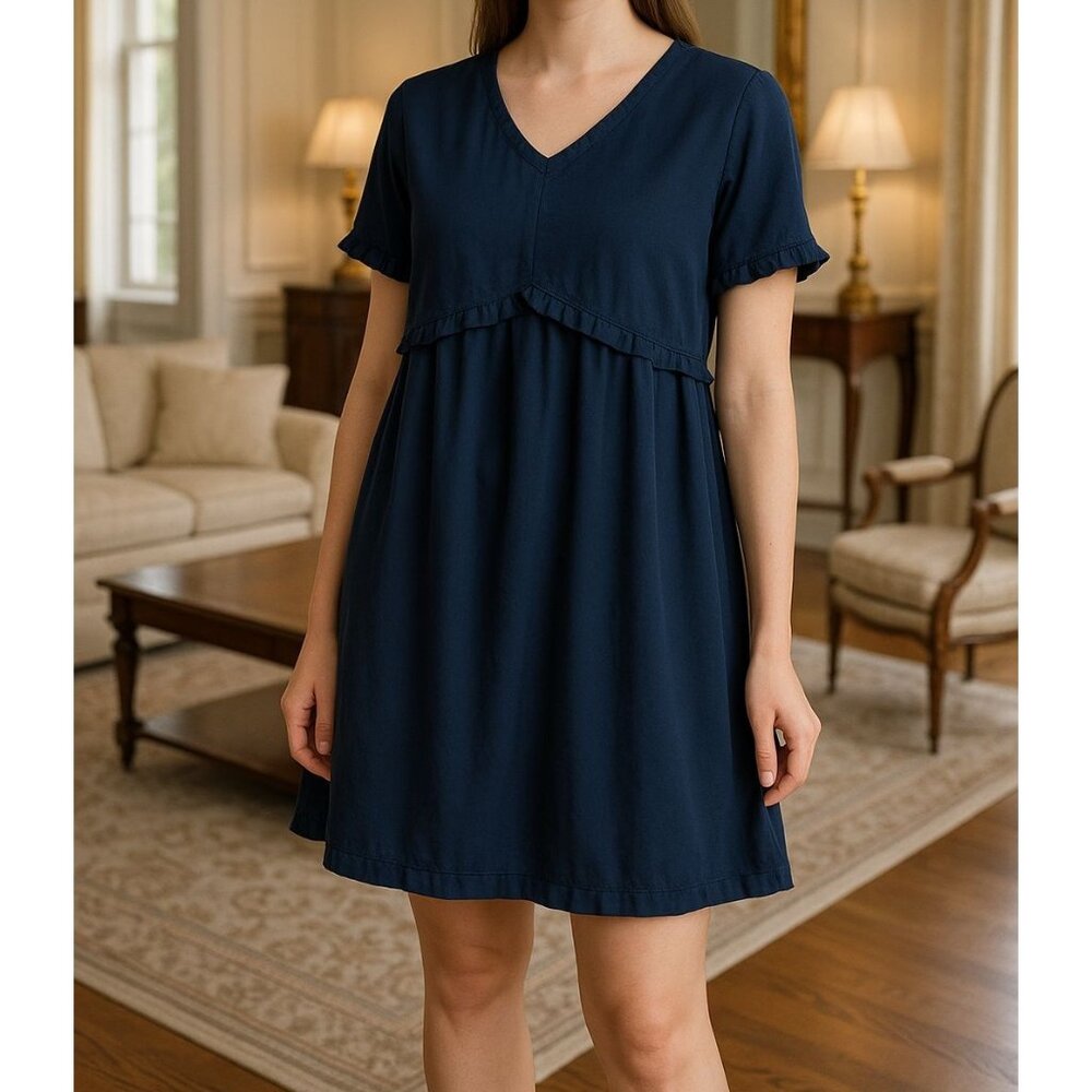 Lg Ruffle Accent V-neckline Short-sleeve Boho Babydoll Mini Dress Minimalist Cas